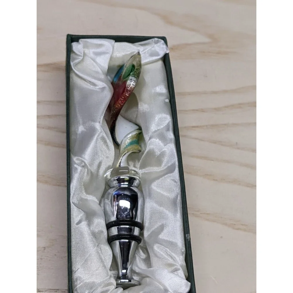 Murano Art Glass Wine Stopper Metal Barware In Box Red Aqua White  Gold specks